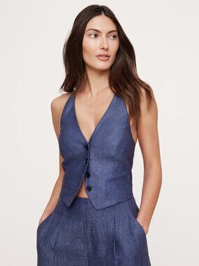 NWT BANANA REPUBLIC 100% Linen Halter Vest Blue V-Neck Button Women's Size M